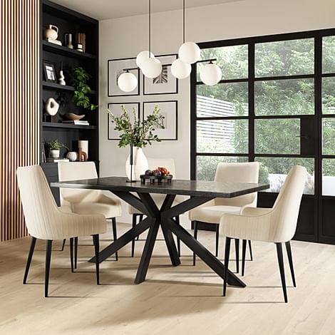 Madison Dining Table & 4 Liza Chairs, Black Oak Effect & Black Steel, Ivory Classic Plush Fabric, 160cm