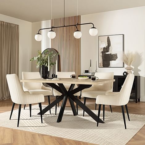 Madison Dining Table & 4 Liza Chairs, Light Oak Effect & Black Steel, Ivory Classic Plush Fabric, 160cm