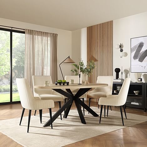 Madison Oval Dining Table & 4 Liza Chairs, Light Oak Effect & Black Steel, Ivory Classic Plush Fabric, 180cm