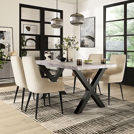 Franklin Dining Table & 4 Liza Chairs, Grey Marble Effect & Black Steel, Ivory Classic Plush Fabric, 150cm