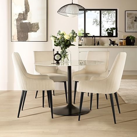 Orbit Round Dining Table & 4 Liza Chairs, White Marble Effect & Black Steel, Ivory Classic Plush Fabric, 110cm