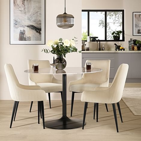 Orbit Round Dining Table & 4 Liza Chairs, Grey Marble Effect & Black Steel, Ivory Classic Plush Fabric, 110cm