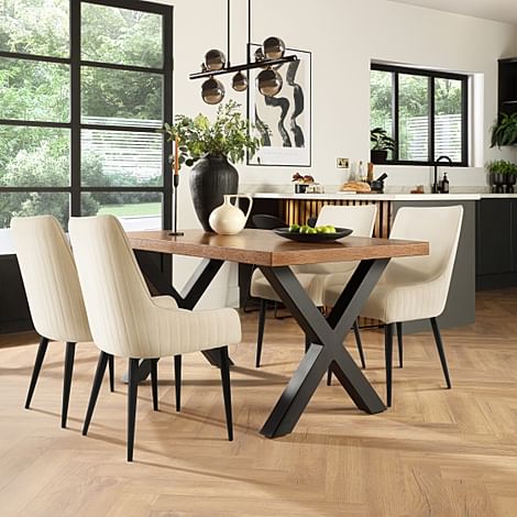 Franklin Industrial Dining Table & 4 Liza Chairs, Dark Oak Veneer & Black Steel, Ivory Classic Plush Fabric, 150cm