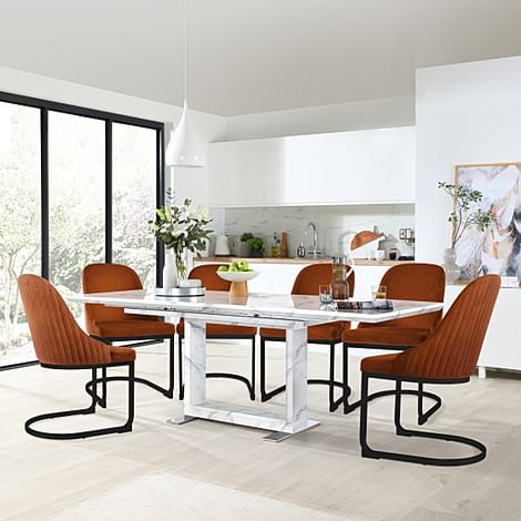 Tokyo Extending Dining Table & 4 Riva Chairs, White Marble Effect, Burnt Orange Classic Velvet & Black Steel, 160-220cm