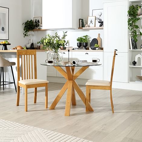 Hatton Round Dining Table & 2 Oxford Chairs, Glass & Natural Oak Finished Solid Hardwood, Ivory Classic Faux Leather, 100cm