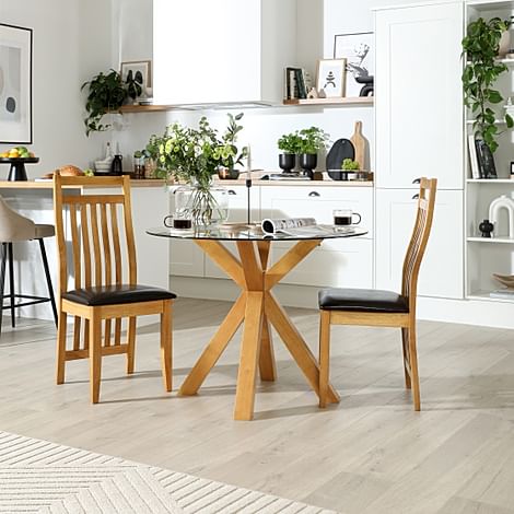 Hatton Round Dining Table & 2 Bali Chairs, Glass & Natural Oak Finished Solid Hardwood, Brown Classic Faux Leather, 100cm