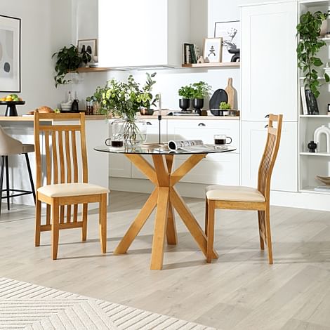 Hatton Round Dining Table & 2 Bali Chairs, Glass & Natural Oak Finished Solid Hardwood, Ivory Classic Faux Leather, 100cm