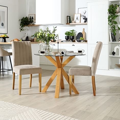 Hatton Round Dining Table & 2 Salisbury Chairs, Glass & Natural Oak Finished Solid Hardwood, Champagne Classic Velvet, 100cm