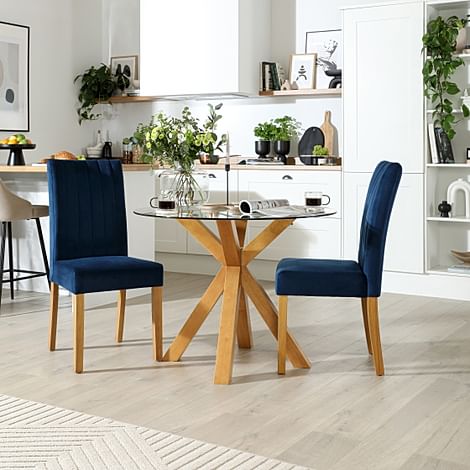 Hatton Round Dining Table & 2 Salisbury Chairs, Glass & Natural Oak Finished Solid Hardwood, Blue Classic Velvet, 100cm