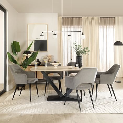 Avanta Dining Table & 4 Clara Dining Chairs, Light Oak Effect & Black Steel, Grey Classic Velvet, 160cm