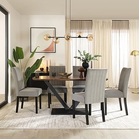 Avanta Industrial Dining Table & 6 Salisbury Dining Chairs, Walnut Effect & Black Steel, Grey Classic Velvet & Black Solid Hardwood, 160cm