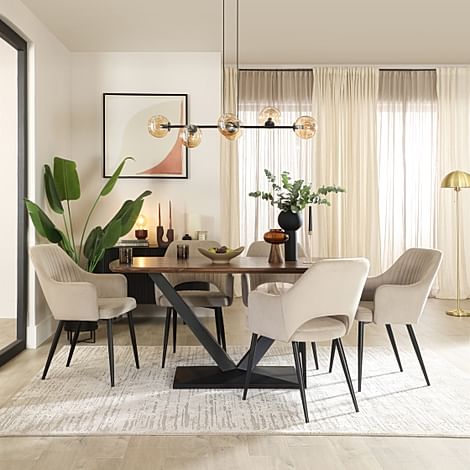 Avanta Industrial Dining Table & 4 Clara Dining Chairs, Walnut Effect & Black Steel, Champagne Classic Velvet, 160cm