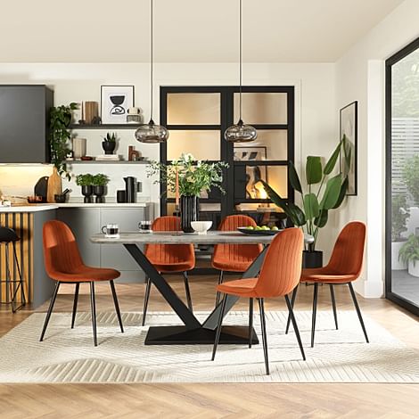 Avanta Industrial Dining Table & 4 Brooklyn Dining Chairs, Concrete Effect & Black Steel, Burnt Orange Classic Velvet, 160cm