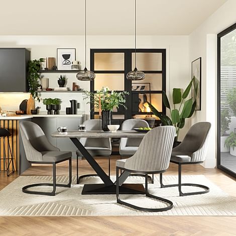 Avanta Industrial Dining Table & 6 Riva Dining Chairs, Concrete Effect & Black Steel, Grey Classic Velvet, 160cm