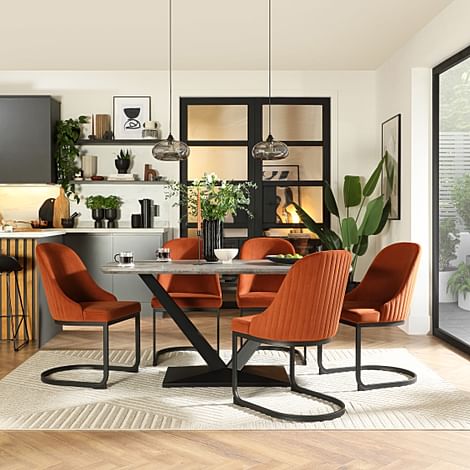 Avanta Industrial Dining Table & 4 Riva Dining Chairs, Concrete Effect & Black Steel, Burnt Orange Classic Velvet, 160cm