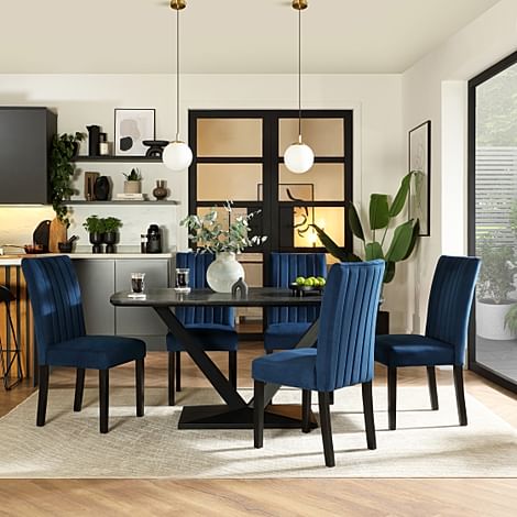 Avanta Dining Table & 4 Salisbury Dining Chairs, Black Oak Effect & Black Steel, Blue Classic Velvet & Black Solid Hardwood, 160cm