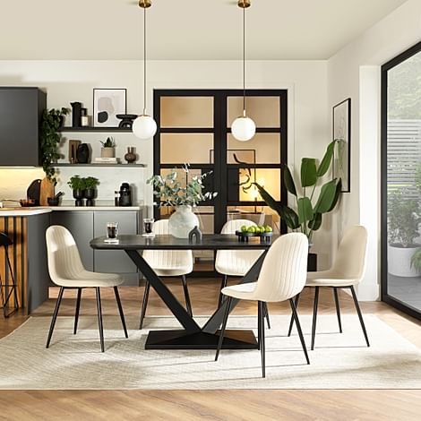 Avanta Dining Table & 4 Brooklyn Dining Chairs, Black Oak Effect & Black Steel, Ivory Classic Plush Fabric, 160cm