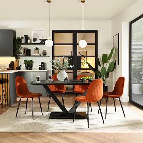 Avanta Dining Table & 4 Brooklyn Dining Chairs, Black Oak Effect & Black Steel, Burnt Orange Classic Velvet, 160cm