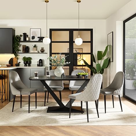 Avanta Dining Table & 4 Ricco Dining Chairs, Black Oak Effect & Black Steel, Grey Classic Velvet, 160cm