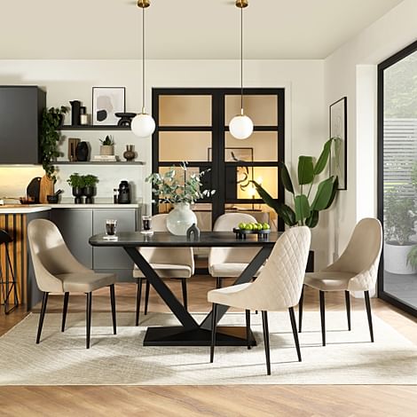 Avanta Dining Table & 4 Ricco Dining Chairs, Black Oak Effect & Black Steel, Champagne Classic Velvet, 160cm