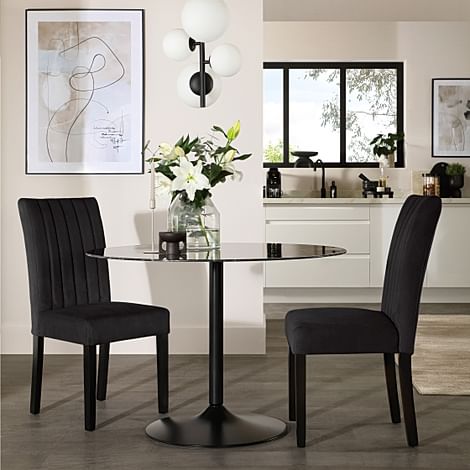 Orbit Round Dining Table & 2 Salisbury Chairs, Black Marble Effect & Black Steel, Black Classic Velvet & Black Solid Hardwood, 110cm