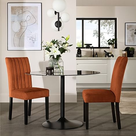 Orbit Round Dining Table & 2 Salisbury Chairs, Black Marble Effect & Black Steel, Burnt Orange Classic Velvet & Black Solid Hardwood, 110cm