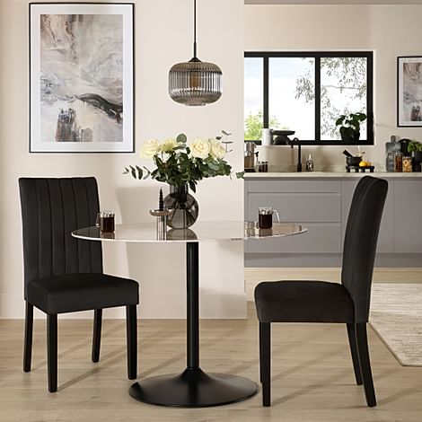 Orbit Round Dining Table & 2 Salisbury Chairs, Grey Marble Effect & Black Steel, Black Classic Velvet & Black Solid Hardwood, 110cm