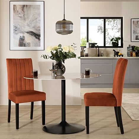 Orbit Round Dining Table & 2 Salisbury Chairs, Grey Marble Effect & Black Steel, Burnt Orange Classic Velvet & Black Solid Hardwood, 110cm