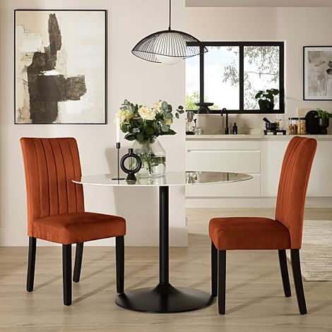 Orbit Round Dining Table & 2 Salisbury Chairs, White Marble Effect & Black Steel, Burnt Orange Classic Velvet & Black Solid Hardwood, 110cm