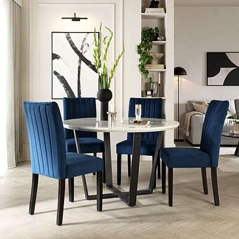 Traviso Round Dining Table & 4 Salisbury Chairs, White Marble Effect & Black Steel, Blue Classic Velvet & Black Solid Hardwood, 120cm