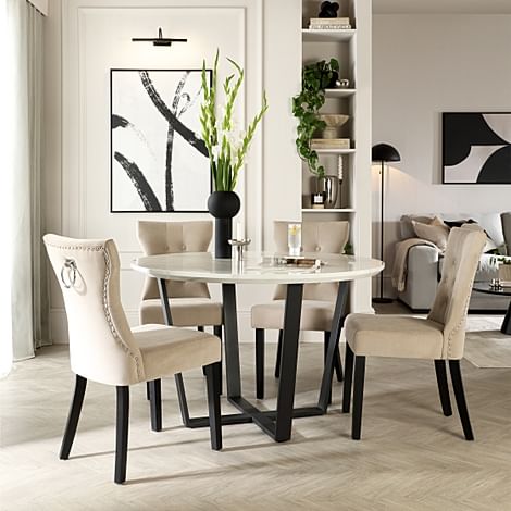 Traviso Round Dining Table & 4 Kensington Chairs, White Marble Effect & Black Steel, Champagne Classic Velvet & Black Solid Hardwood, 120cm