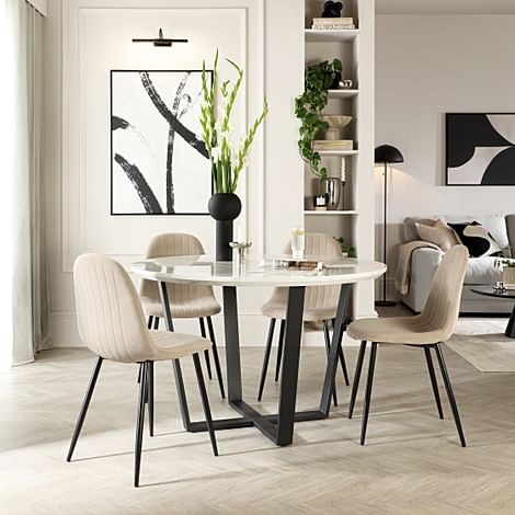 Traviso Round Dining Table & 4 Brooklyn Chairs, White Marble Effect & Black Steel, Champagne Classic Velvet, 120cm