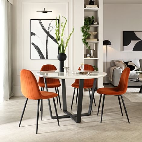 Traviso Round Dining Table & 4 Brooklyn Chairs, White Marble Effect & Black Steel, Burnt Orange Classic Velvet, 120cm