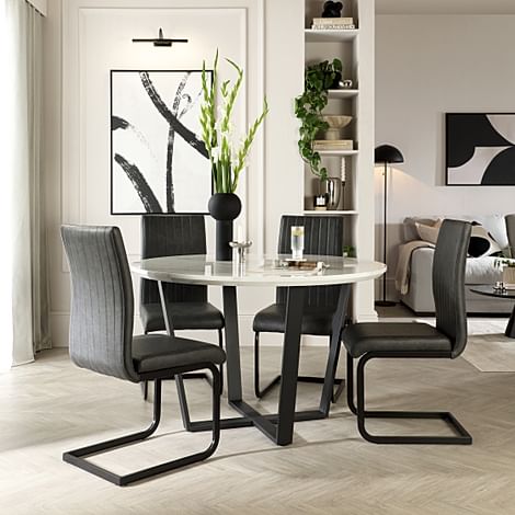 Traviso Round Dining Table & 4 Perth Chairs, White Marble Effect & Black Steel, Vintage Grey Premium Faux Leather, 120cm