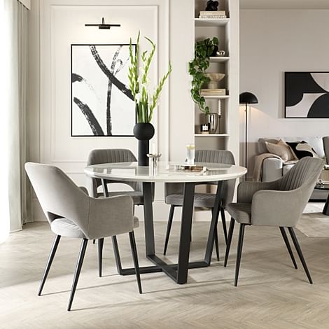 Traviso Round Dining Table & 4 Clara Chairs, White Marble Effect & Black Steel, Grey Classic Velvet, 120cm