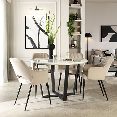 Traviso Round Dining Table & 4 Clara Chairs, White Marble Effect & Black Steel, Champagne Classic Velvet, 120cm