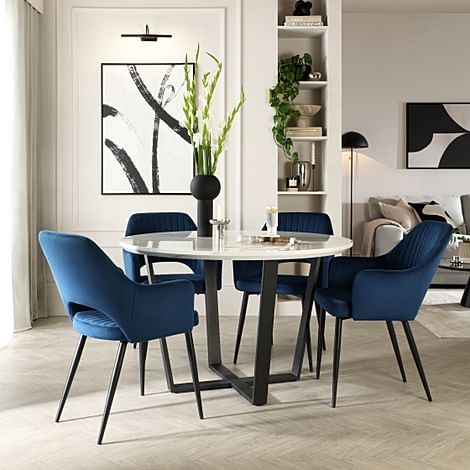 Traviso Round Dining Table & 4 Clara Chairs, White Marble Effect & Black Steel, Blue Classic Velvet, 120cm