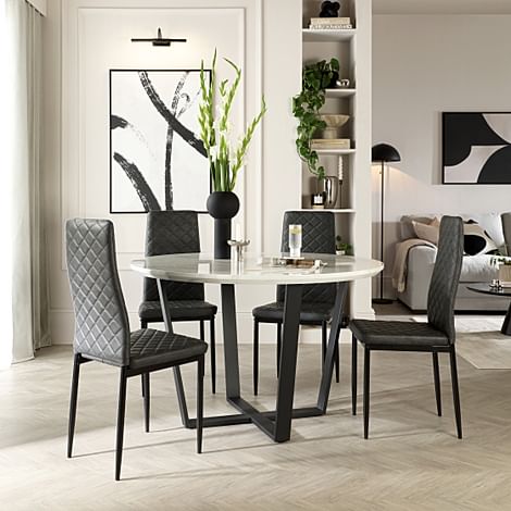 Traviso Round Dining Table & 4 Renzo Chairs, White Marble Effect & Black Steel, Vintage Grey Premium Faux Leather, 120cm