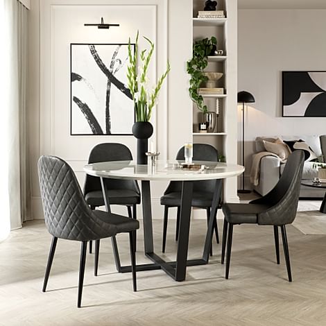 Traviso Round Dining Table & 4 Ricco Chairs, White Marble Effect & Black Steel, Vintage Grey Premium Faux Leather, 120cm