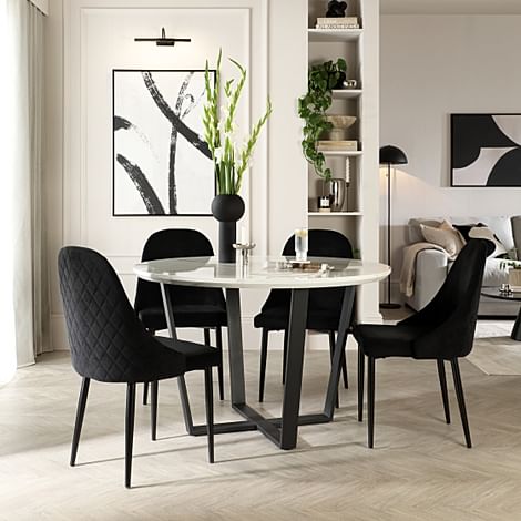 Traviso Round Dining Table & 4 Ricco Chairs, White Marble Effect & Black Steel, Black Classic Velvet, 120cm