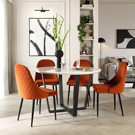 Traviso Round Dining Table & 4 Ricco Chairs, White Marble Effect & Black Steel, Burnt Orange Classic Velvet, 120cm