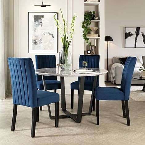 Traviso Round Dining Table & 4 Salisbury Chairs, Grey Marble Effect & Black Steel, Blue Classic Velvet & Black Solid Hardwood, 120cm