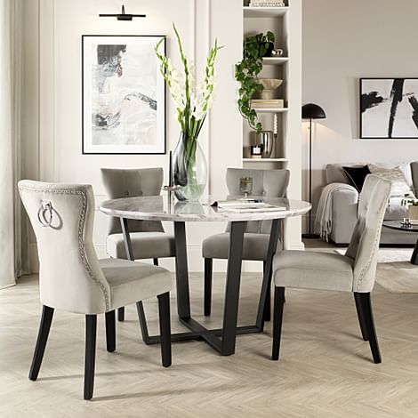 Traviso Round Dining Table & 4 Kensington Chairs, Grey Marble Effect & Black Steel, Grey Classic Velvet & Black Solid Hardwood, 120cm