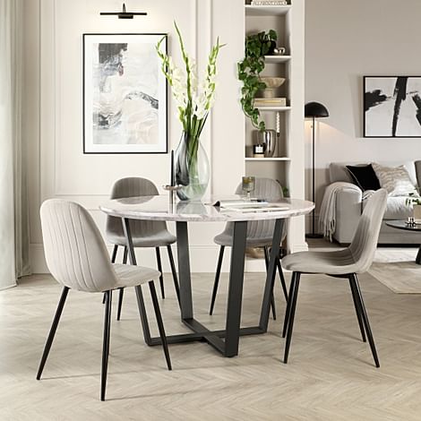 Traviso Round Dining Table & 4 Brooklyn Chairs, Grey Marble Effect & Black Steel, Grey Classic Velvet, 120cm