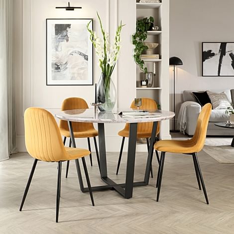 Traviso Round Dining Table & 4 Brooklyn Chairs, Grey Marble Effect & Black Steel, Mustard Classic Velvet, 120cm