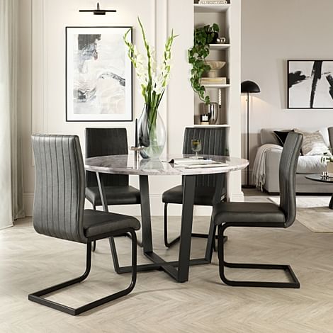 Traviso Round Dining Table & 4 Perth Chairs, Grey Marble Effect & Black Steel, Vintage Grey Premium Faux Leather, 120cm