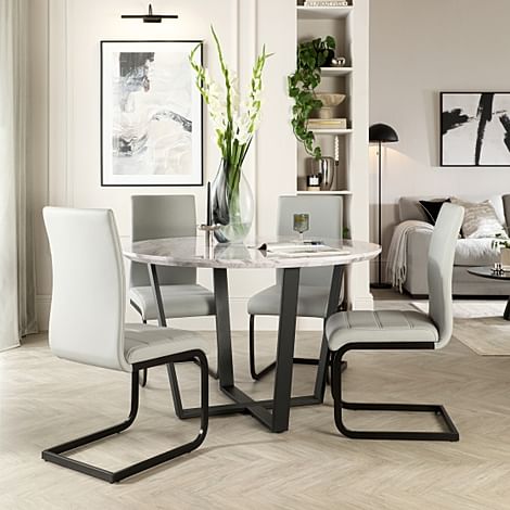 Traviso Round Dining Table & 4 Perth Chairs, Grey Marble Effect & Black Steel, Light Grey Premium Faux Leather, 120cm