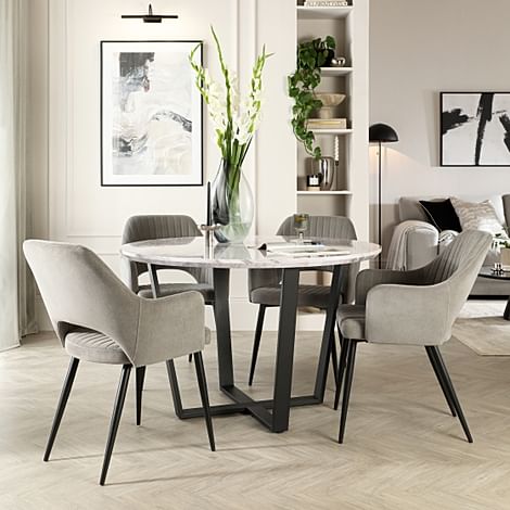 Traviso Round Dining Table & 4 Clara Chairs, Grey Marble Effect & Black Steel, Grey Classic Velvet, 120cm