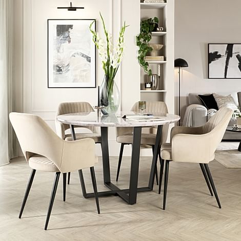 Traviso Round Dining Table & 4 Clara Chairs, Grey Marble Effect & Black Steel, Champagne Classic Velvet, 120cm