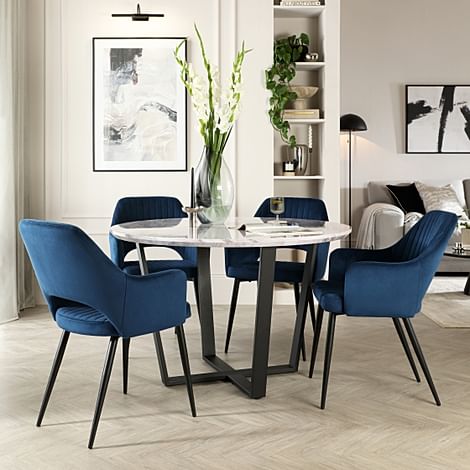 Traviso Round Dining Table & 4 Clara Chairs, Grey Marble Effect & Black Steel, Blue Classic Velvet, 120cm